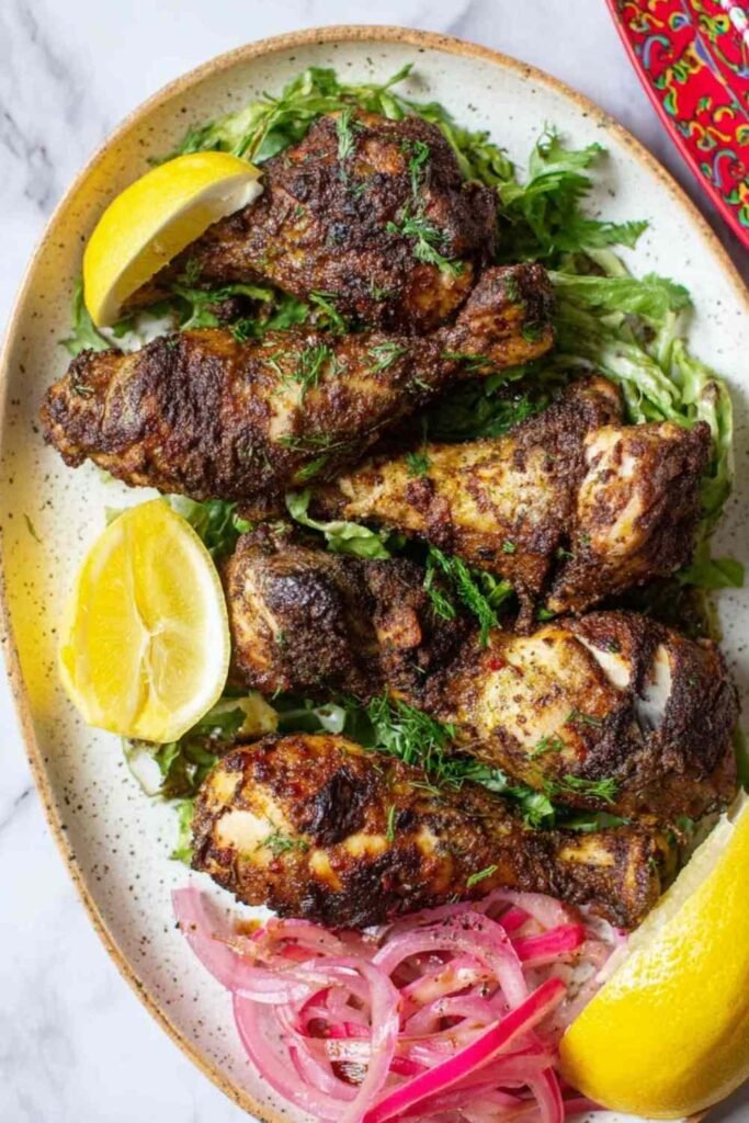 High protein sumac chicken air fryer recipe served on a plate with basmati rice and fresh herbs