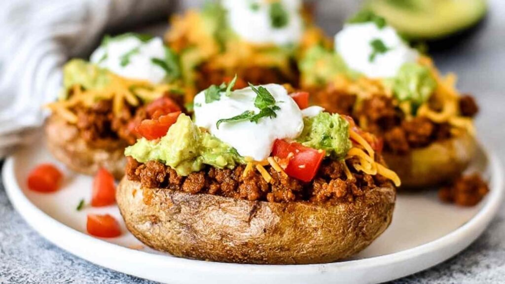 Taco Potatoes 28 Loaded taco potatoes topped with seasoned ground beef, shredded cheddar, sour cream, and fresh vegetables on a rustic plate