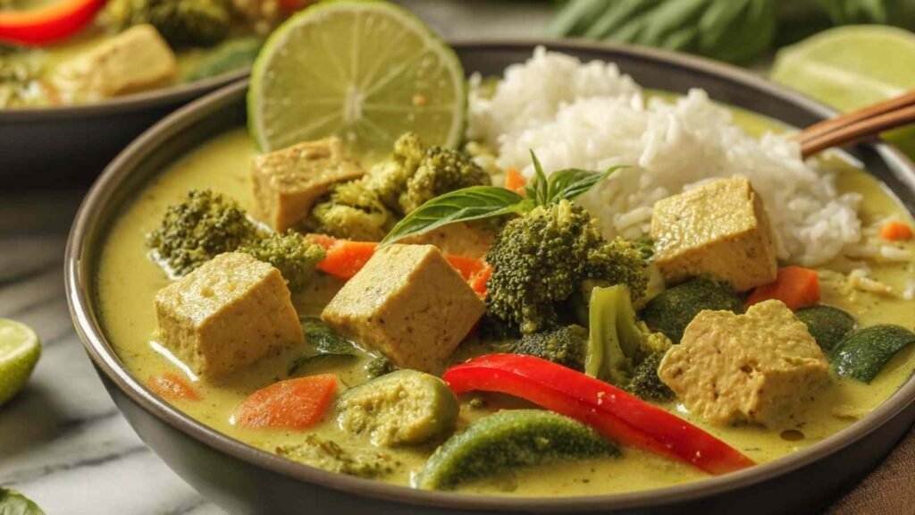 High-Protein Vegan Thai Green Curry 10 High-protein vegan Thai green curry with tofu and chickpeas served over jasmine rice, garnished with fresh basil