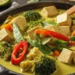 High-Protein Vegan Thai Green Curry 12 High-protein vegan Thai green curry with tofu and chickpeas served over jasmine rice, garnished with fresh basil