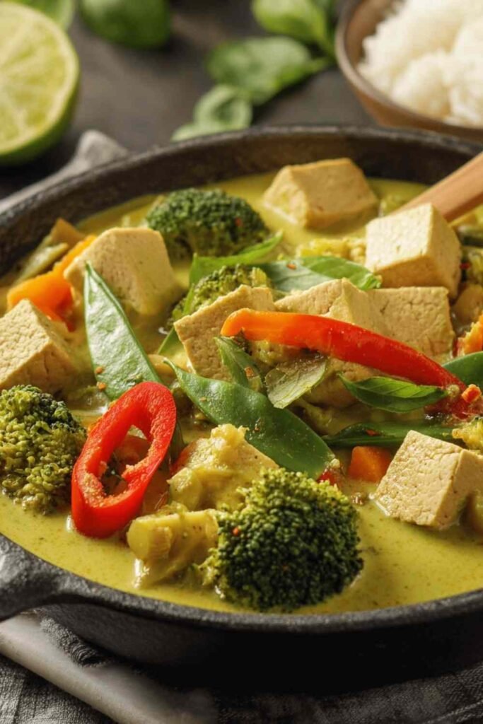 High-Protein Vegan Thai Green Curry 11 High-protein vegan Thai green curry with tofu and chickpeas served over jasmine rice, garnished with fresh basil