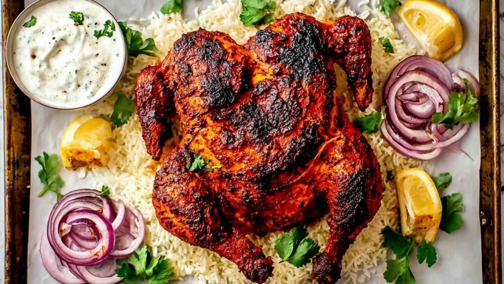 High Protein Whole Oven Roasted Tandoori Chicken 4 High protein whole oven roasted tandoori chicken on a rack showing deep red charred crust fresh from the oven