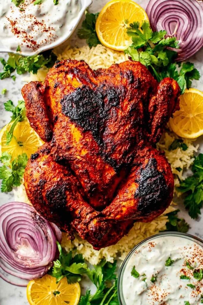 High Protein Whole Oven Roasted Tandoori Chicken 5 High protein whole oven roasted tandoori chicken on a rack showing deep red charred crust fresh from the oven