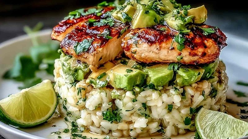 Honey Lime Chicken Avocado Rice Stack
