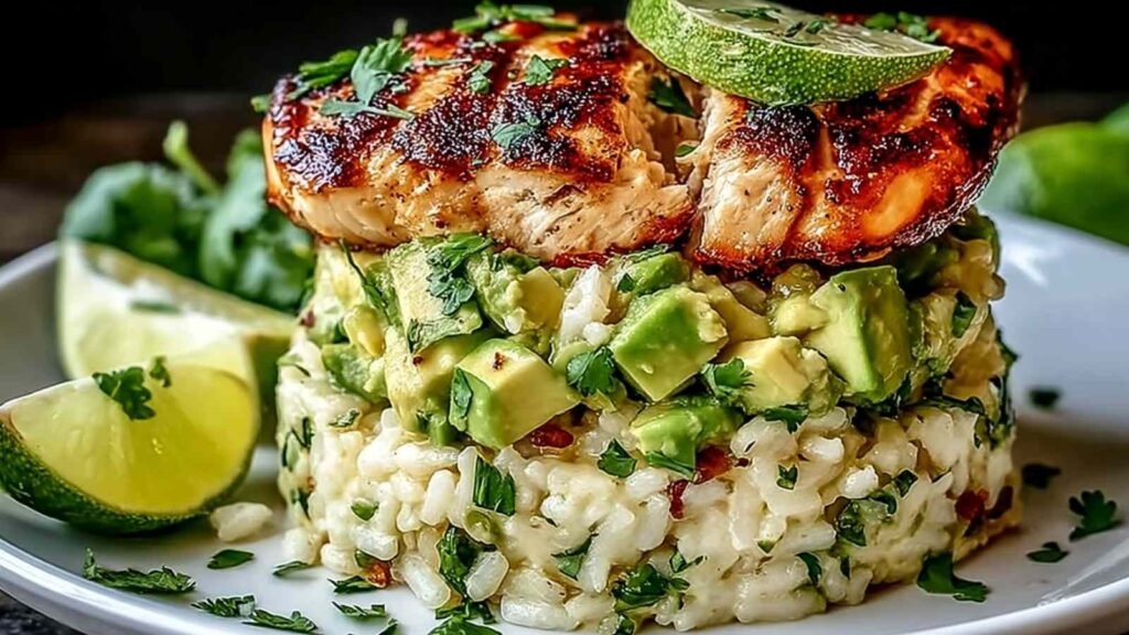 Honey Lime Chicken Avocado Rice Stack 28 Honey Lime Chicken Avocado Rice Stack served on a white plate with fresh cilantro, toasted sesame seeds, and lime zest