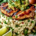 Honey Lime Chicken Avocado Rice Stack 30 Honey Lime Chicken Avocado Rice Stack served on a white plate with fresh cilantro, toasted sesame seeds, and lime zest