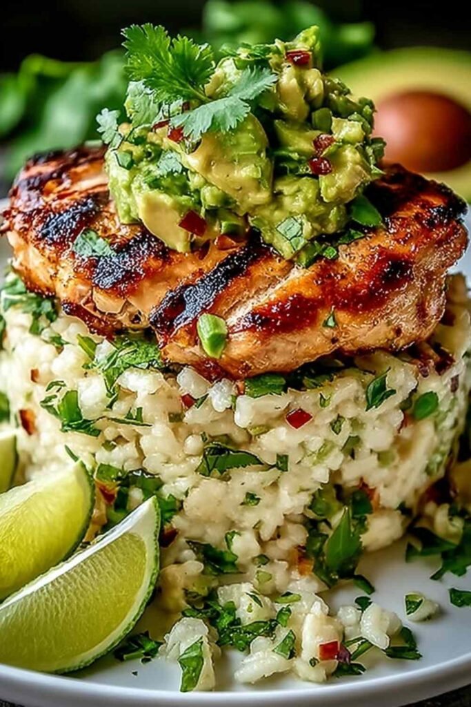 Honey Lime Chicken Avocado Rice Stack 29 Honey Lime Chicken Avocado Rice Stack served on a white plate with fresh cilantro, toasted sesame seeds, and lime zest