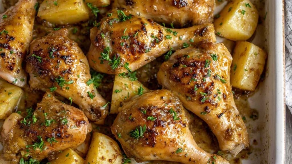 Golden sticky honey and mustard chicken drumsticks with roasted Yukon Gold potatoes on a parchment-lined baking tray garnished with fresh parsley