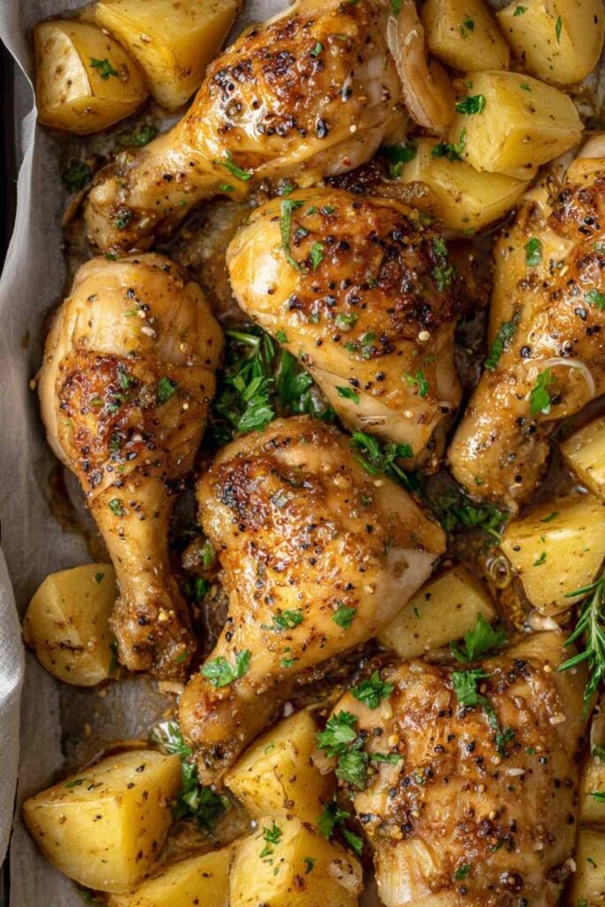 Golden sticky honey and mustard chicken drumsticks with roasted Yukon Gold potatoes on a parchment-lined baking tray garnished with fresh parsley