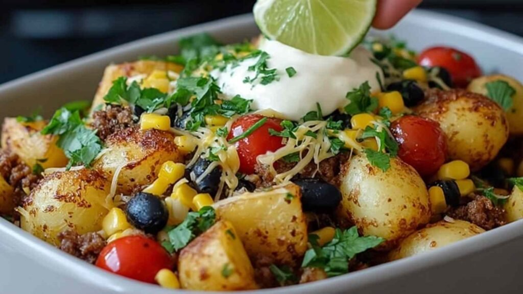 Overhead view of a loaded potato taco bowl topped with seasoned ground beef, shredded cheddar, sour cream, sliced jalapeño, and fresh cilantro