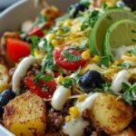 Overhead view of a loaded potato taco bowl topped with seasoned ground beef, shredded cheddar, sour cream, sliced jalapeño, and fresh cilantro