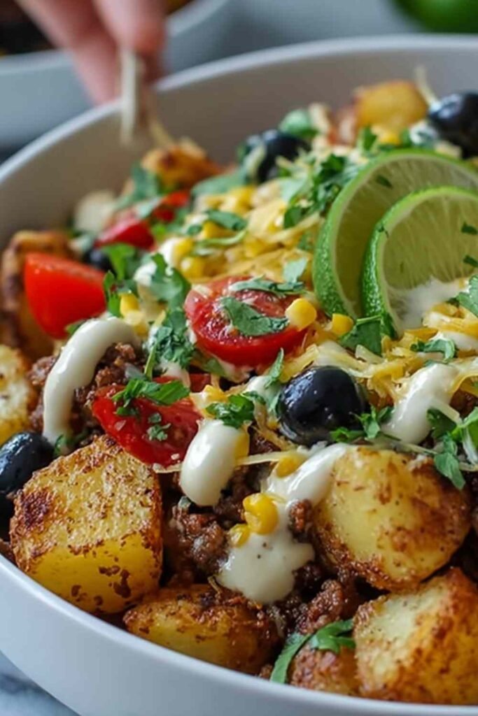 Overhead view of a loaded potato taco bowl topped with seasoned ground beef, shredded cheddar, sour cream, sliced jalapeño, and fresh cilantro