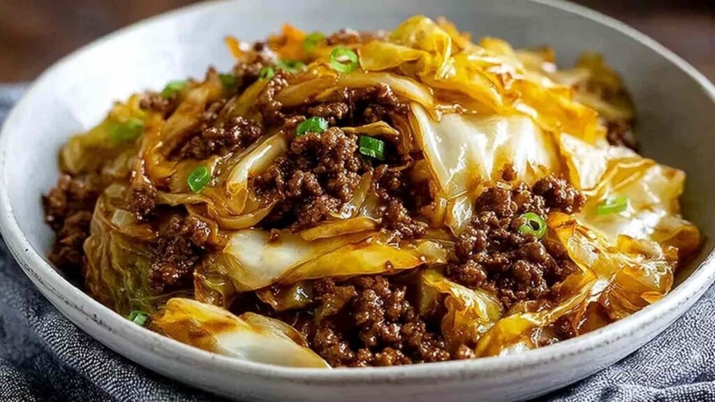 Low carb Mongolian ground beef cabbage in a skillet garnished with sesame seeds and green onions