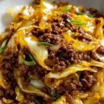 Low carb Mongolian ground beef cabbage in a skillet garnished with sesame seeds and green onions
