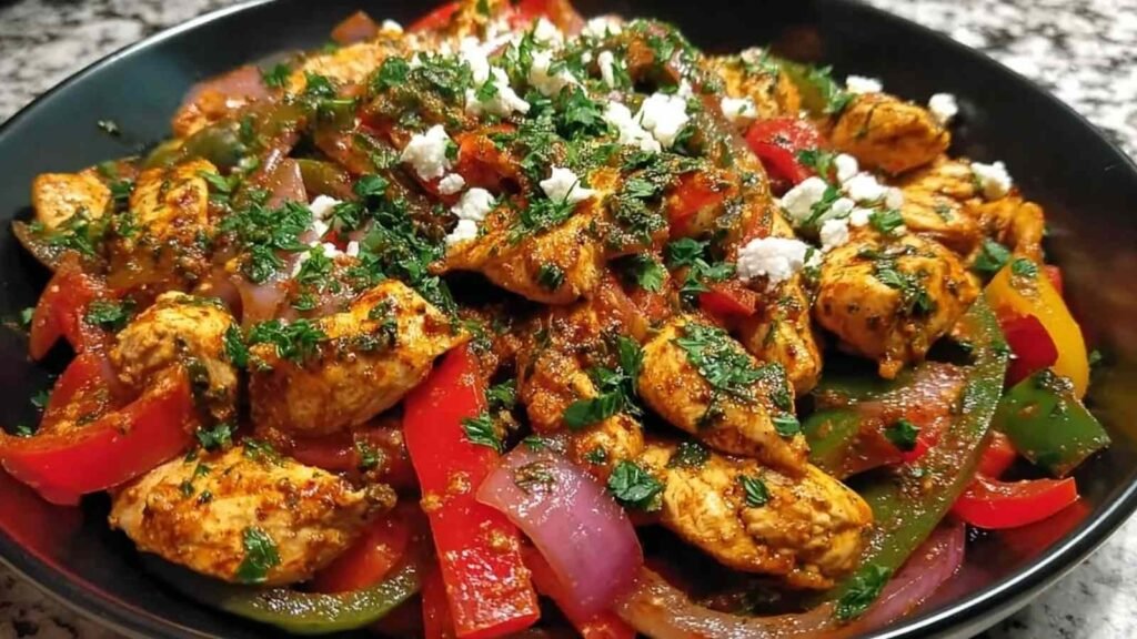 Mediterranean Chicken Stir Fry with golden chicken, zucchini, kalamata olives, and feta in a cast iron skillet