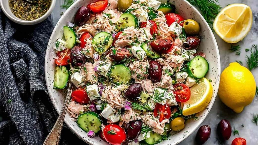 Mediterranean tuna salad with cherry tomatoes, cucumber, olives, and fresh parsley in a white bowl