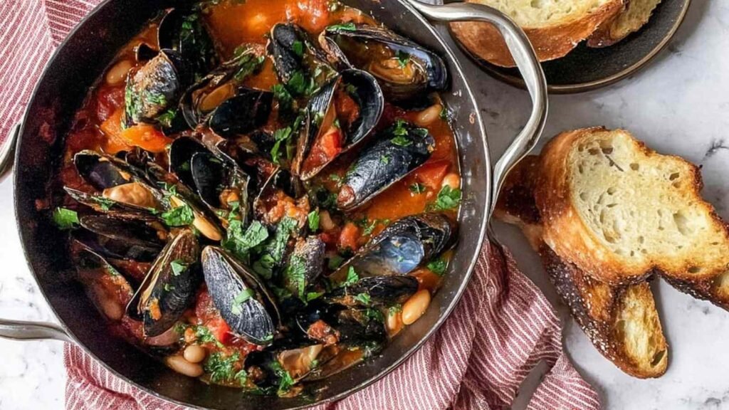 Mussels with cannellini beans and tomatoes in a large skillet with rich tomato white wine broth and fresh parsley garnish