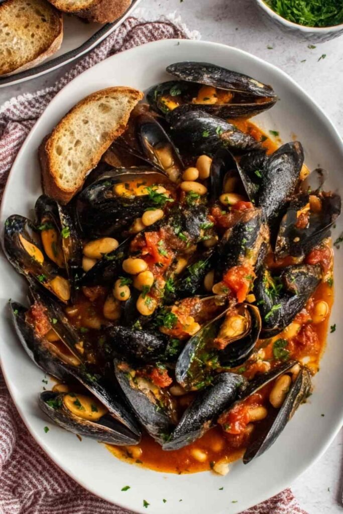 Mussels with cannellini beans and tomatoes in a large skillet with rich tomato white wine broth and fresh parsley garnish