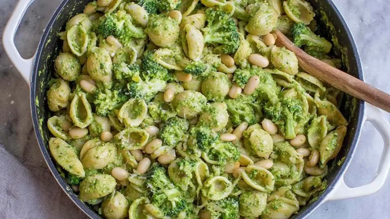 Pesto Pasta with Broccoli and White Beans