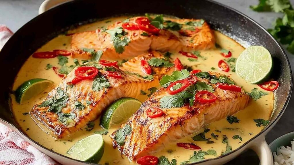 Poached Salmon in Coconut Lime Sauce 1 Overhead view of poached salmon in coconut lime sauce served over jasmine rice with steamed bok choy and fresh cilantro