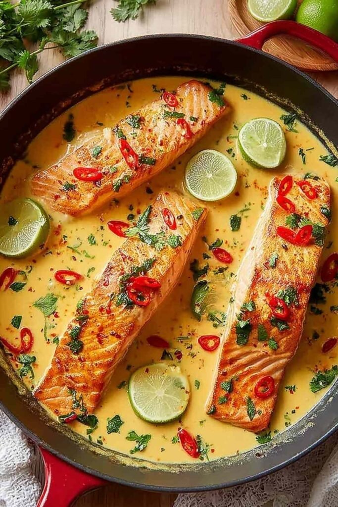 Poached Salmon in Coconut Lime Sauce 2 Overhead view of poached salmon in coconut lime sauce served over jasmine rice with steamed bok choy and fresh cilantro