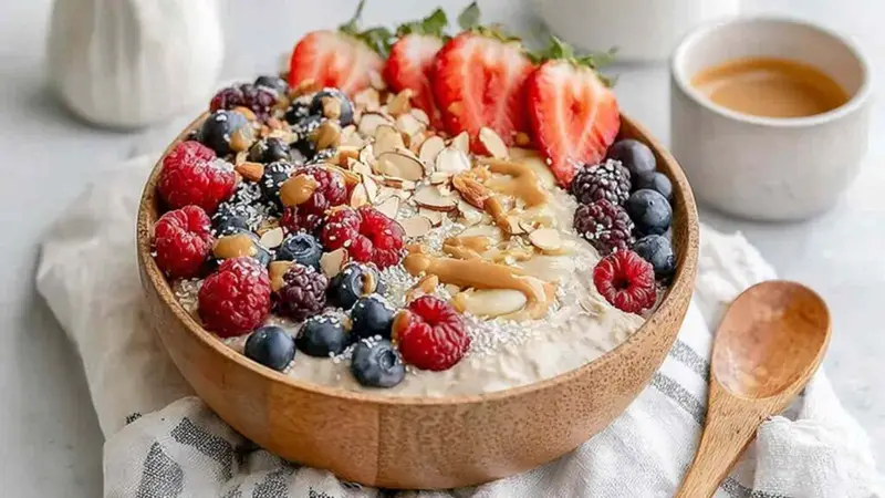 Protein-Packed Overnight Oats With Protein Powder 13 Protein-packed overnight oats with protein powder in a mason jar topped with fresh blueberries and a drizzle of almond butter