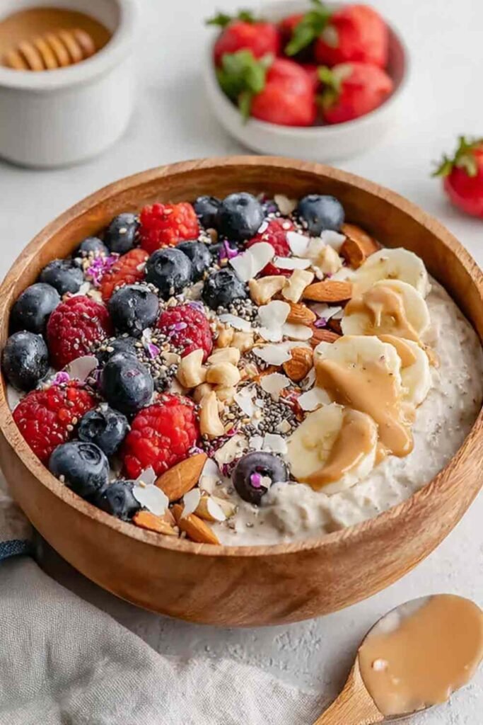 Protein-Packed Overnight Oats With Protein Powder 14 Protein-packed overnight oats with protein powder in a mason jar topped with fresh blueberries and a drizzle of almond butter