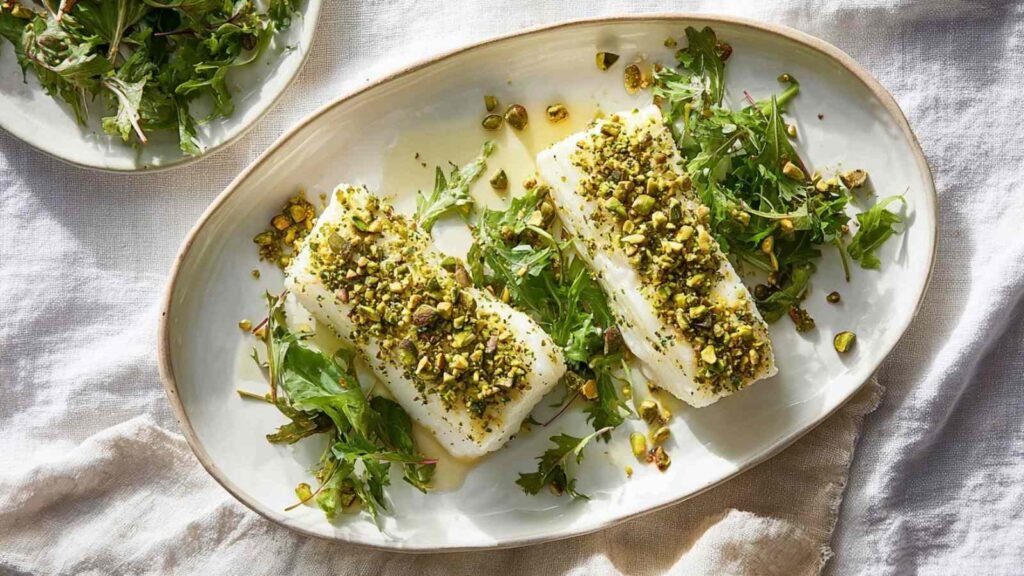 Quick Baked Fish with Bread Crumbs and Herbs 25 Quick baked fish with bread crumbs and herbs on a parchment-lined baking sheet with golden herb crust fresh out of the oven