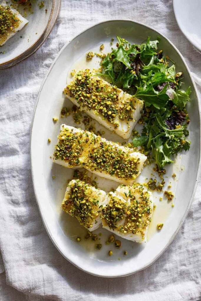 Quick Baked Fish with Bread Crumbs and Herbs 26 Quick baked fish with bread crumbs and herbs on a parchment-lined baking sheet with golden herb crust fresh out of the oven
