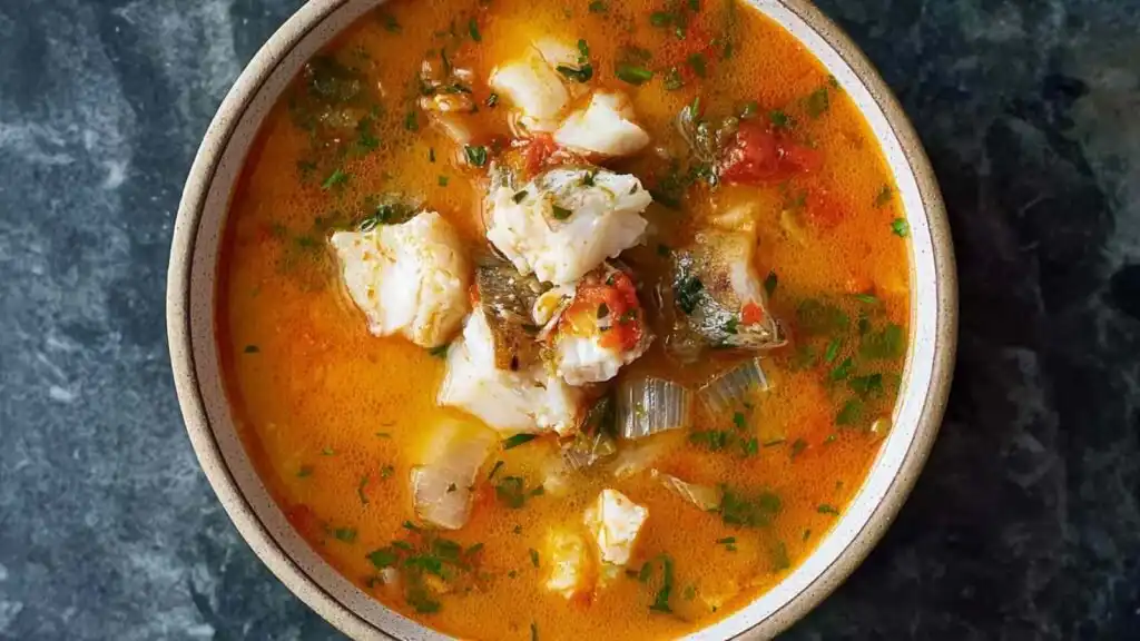 Quick Easy Fish Stew 4 A bowl of quick easy fish stew with flaky white fish in a rich tomato and white wine broth, served with crusty bread for dipping