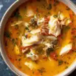 Quick Easy Fish Stew 6 A bowl of quick easy fish stew with flaky white fish in a rich tomato and white wine broth, served with crusty bread for dipping