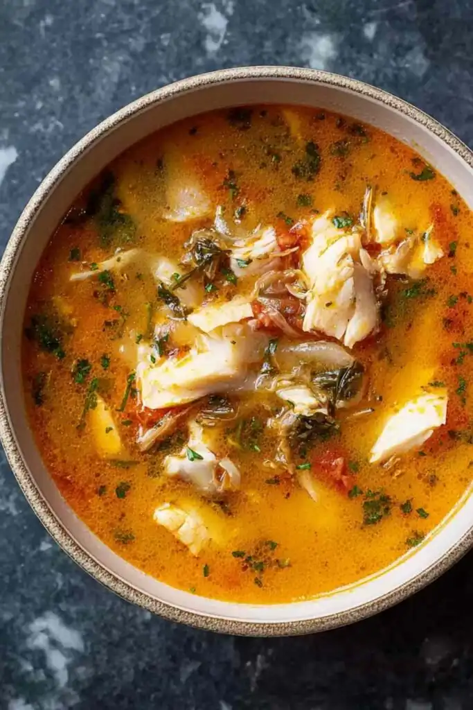 Quick Easy Fish Stew 5 A bowl of quick easy fish stew with flaky white fish in a rich tomato and white wine broth, served with crusty bread for dipping