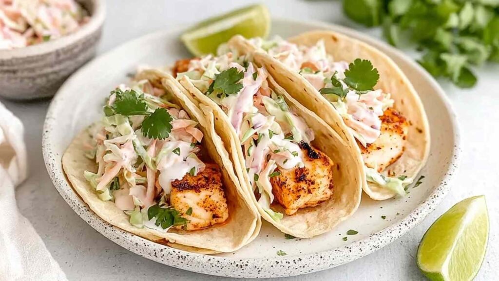 Quick Grilled Fish Tacos with Cabbage Slaw 28 Assembled quick grilled fish tacos with cabbage slaw on corn tortillas, topped with fresh cilantro and lime wedges