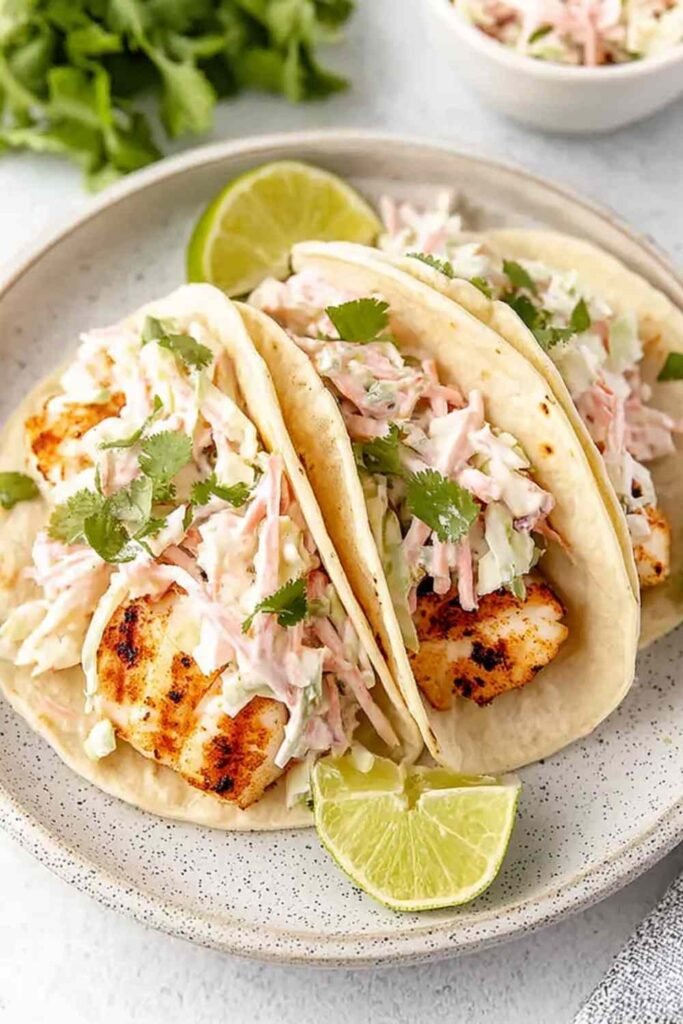 Quick Grilled Fish Tacos with Cabbage Slaw 29 Assembled quick grilled fish tacos with cabbage slaw on corn tortillas, topped with fresh cilantro and lime wedges