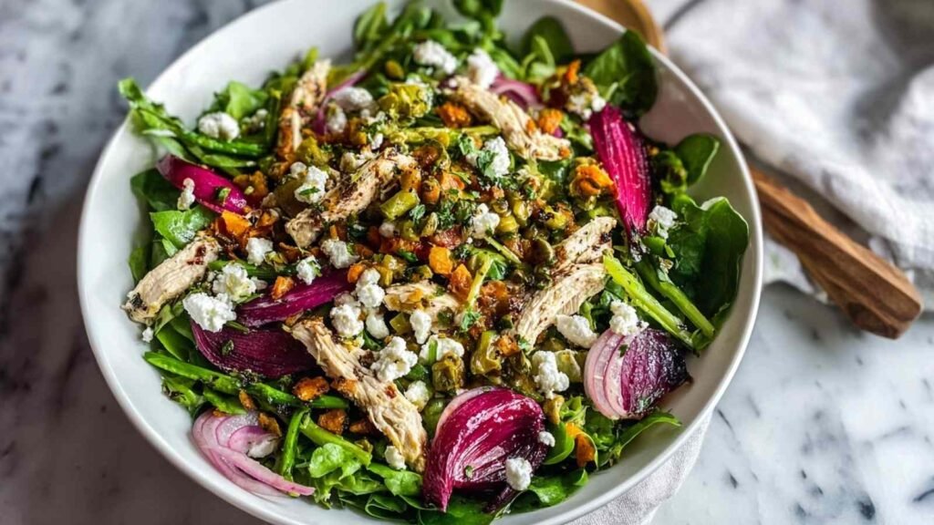 Roasted Veggie and Chicken Glow Bowl with arugula, beets, feta, and golden roasted vegetables on a white plate