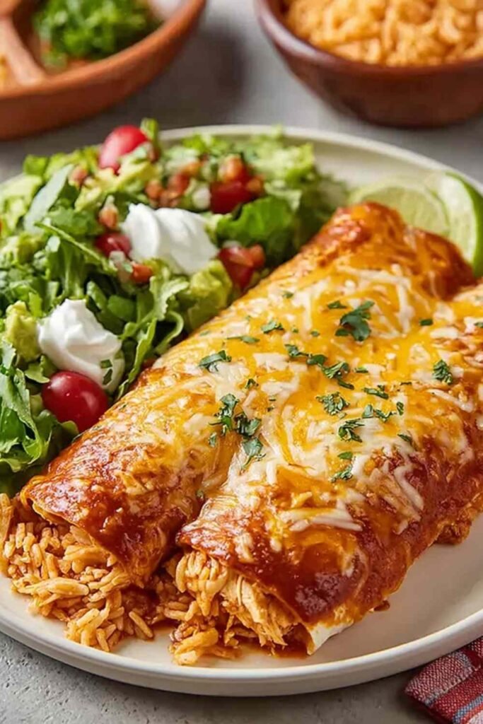 Quick Rotisserie Chicken Enchiladas 2 Rotisserie chicken enchiladas in a 9x13 baking dish topped with melted cheddar, sour cream, and fresh cilantro