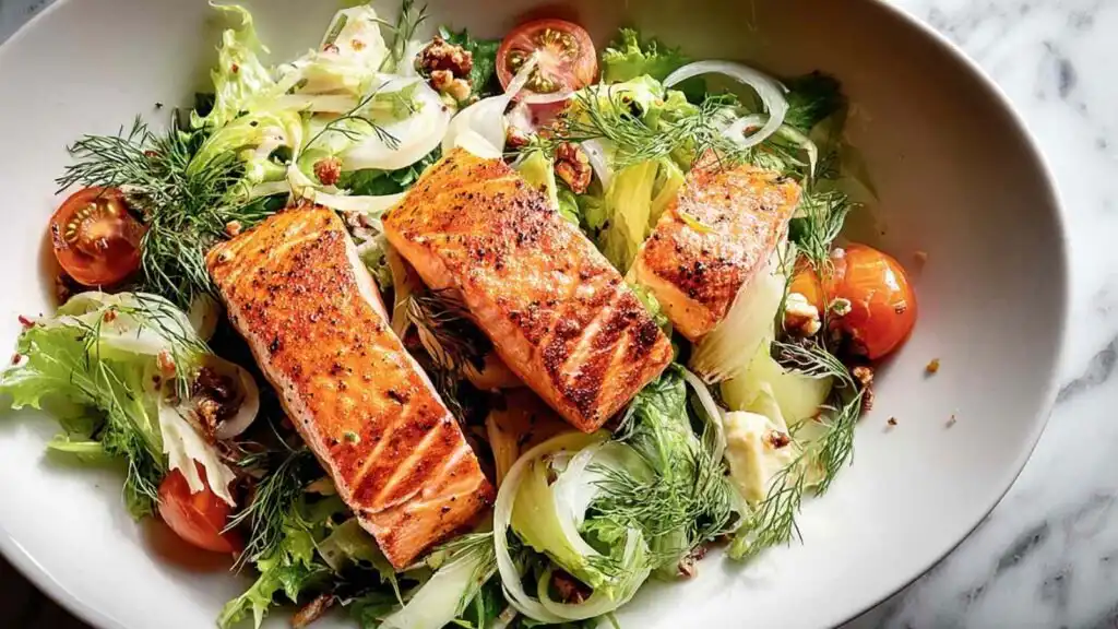 Overhead view of salmon and fennel dinner salad with seared salmon fillet, sliced avocado, thinly sliced fennel, and roasted almonds on mixed greens with lemon vinaigrette