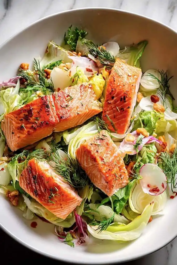 Overhead view of salmon and fennel dinner salad with seared salmon fillet, sliced avocado, thinly sliced fennel, and roasted almonds on mixed greens with lemon vinaigrette
