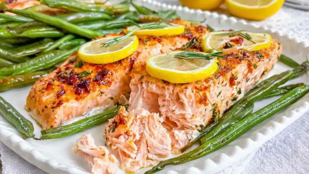 Salmon and Green Beans Sheet Pan Dinner 16 Overhead view of salmon and green beans sheet pan dinner with four seasoned fillets and roasted green beans on a parchment-lined baking sheet