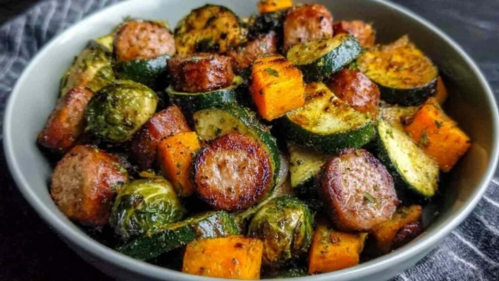 Sausage veggie skillet bowl with browned Italian sausage, zucchini, and bell peppers in a cast iron skillet garnished with fresh basil
