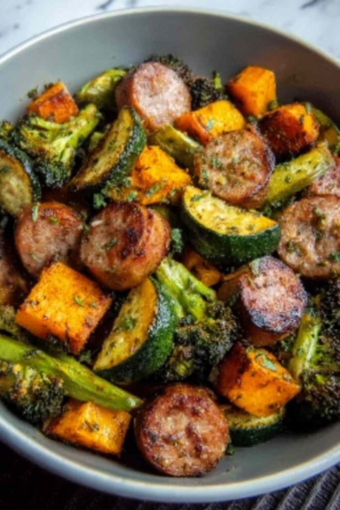 Sausage veggie skillet bowl with browned Italian sausage, zucchini, and bell peppers in a cast iron skillet garnished with fresh basil