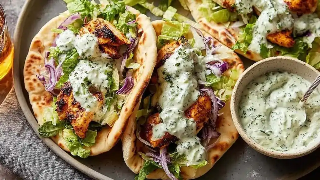 Sheet Pan Chicken Pitas with Herby Ranch 4 Four assembled Sheet Pan Chicken Pitas with Herby Ranch on a wooden board with roasted chicken, caramelized peppers, crumbled feta, and Greek yogurt ranch drizzle