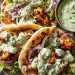 Sheet Pan Chicken Pitas with Herby Ranch 6 Four assembled Sheet Pan Chicken Pitas with Herby Ranch on a wooden board with roasted chicken, caramelized peppers, crumbled feta, and Greek yogurt ranch drizzle