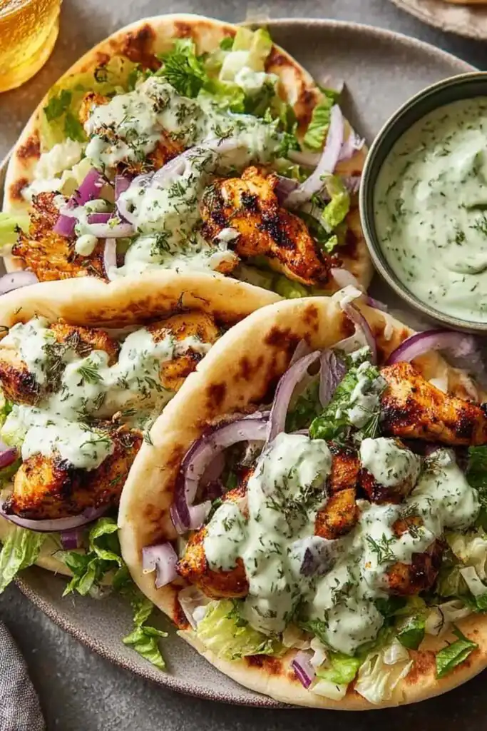 Sheet Pan Chicken Pitas with Herby Ranch 5 Four assembled Sheet Pan Chicken Pitas with Herby Ranch on a wooden board with roasted chicken, caramelized peppers, crumbled feta, and Greek yogurt ranch drizzle