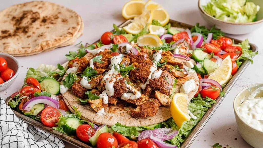 Sheet Pan Chicken Shawarma 25 Sheet pan chicken shawarma with roasted cherry tomatoes and red onion on a foil-lined baking sheet