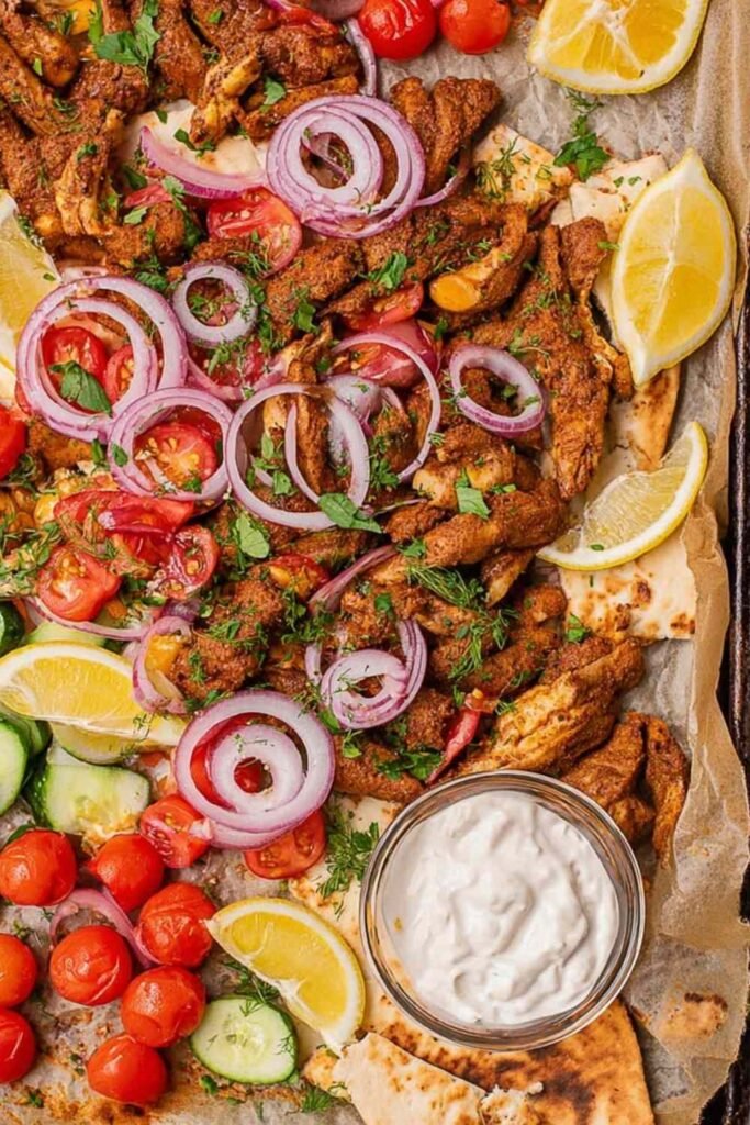 Sheet Pan Chicken Shawarma 26 Sheet pan chicken shawarma with roasted cherry tomatoes and red onion on a foil-lined baking sheet