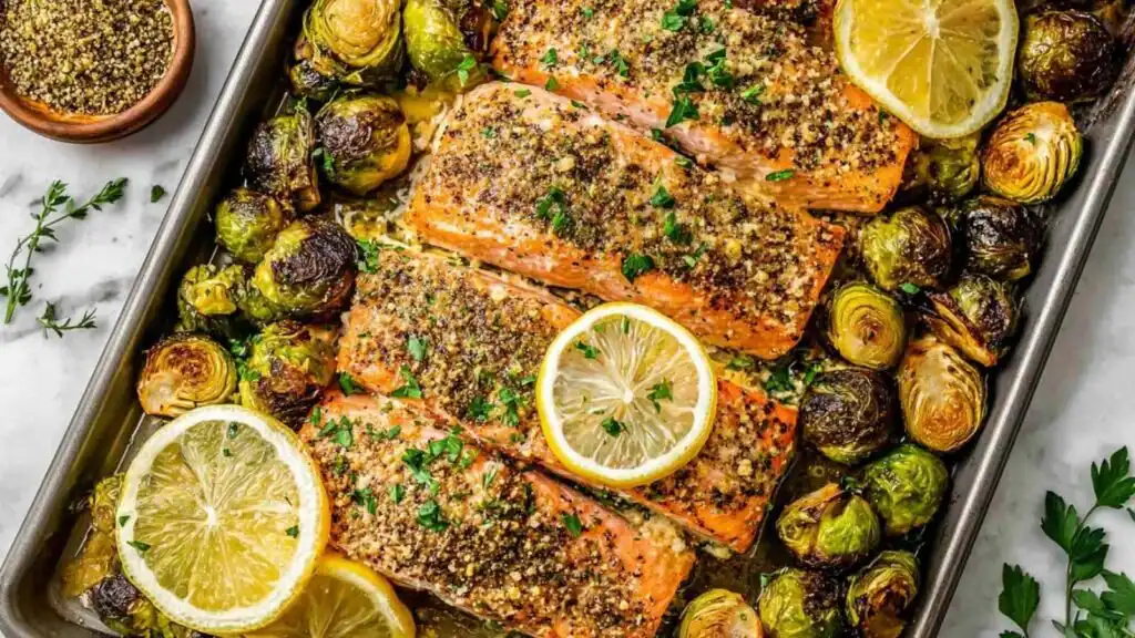 Overhead view of sheet pan salmon fillets with roasted Brussels sprouts on a rimmed baking sheet