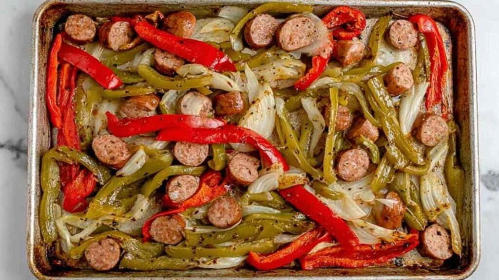 Sheet pan sausage and peppers with colorful roasted Italian sausage, red and yellow bell peppers, and red onion on a parchment-lined baking sheet