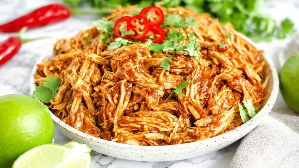 Shredded Mexican Chicken (Instant Pot and Slow Cooker) 13 Bowl of shredded Mexican chicken coated in smoky chipotle tomato sauce garnished with fresh cilantro and lime wedges
