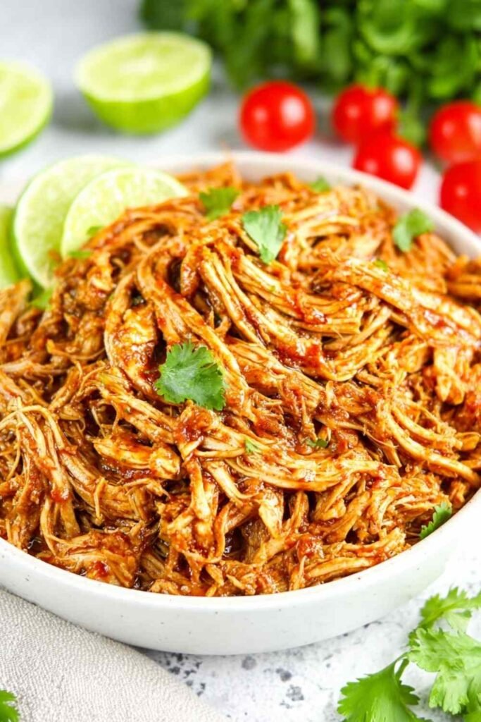 Shredded Mexican Chicken (Instant Pot and Slow Cooker) 14 Bowl of shredded Mexican chicken coated in smoky chipotle tomato sauce garnished with fresh cilantro and lime wedges